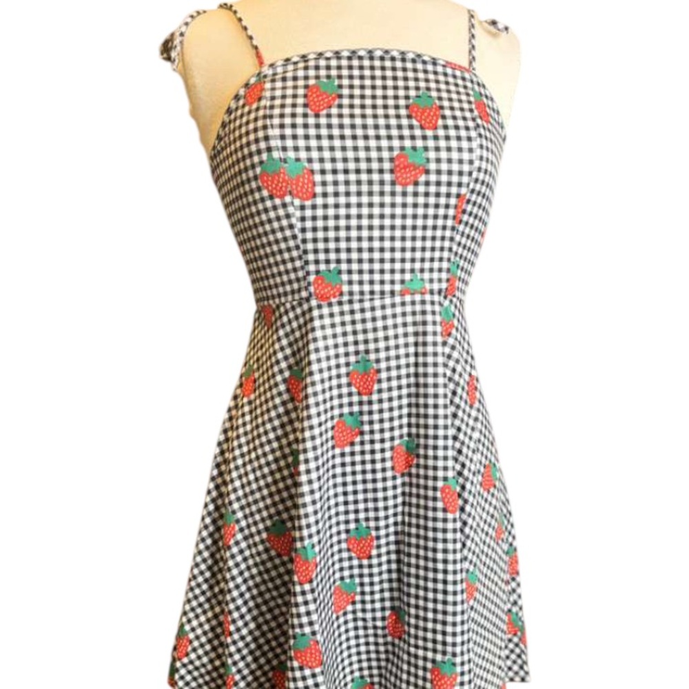SHEIN Black and White Gingham Mini Dress with Red Strawberry Print